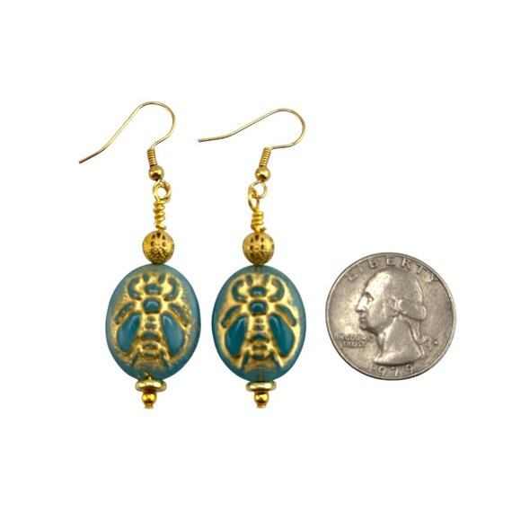 Sky Blue Gold Dusted Bee Earrings Gold Plated French Hook Ear Wires - Picture 7 of 9
